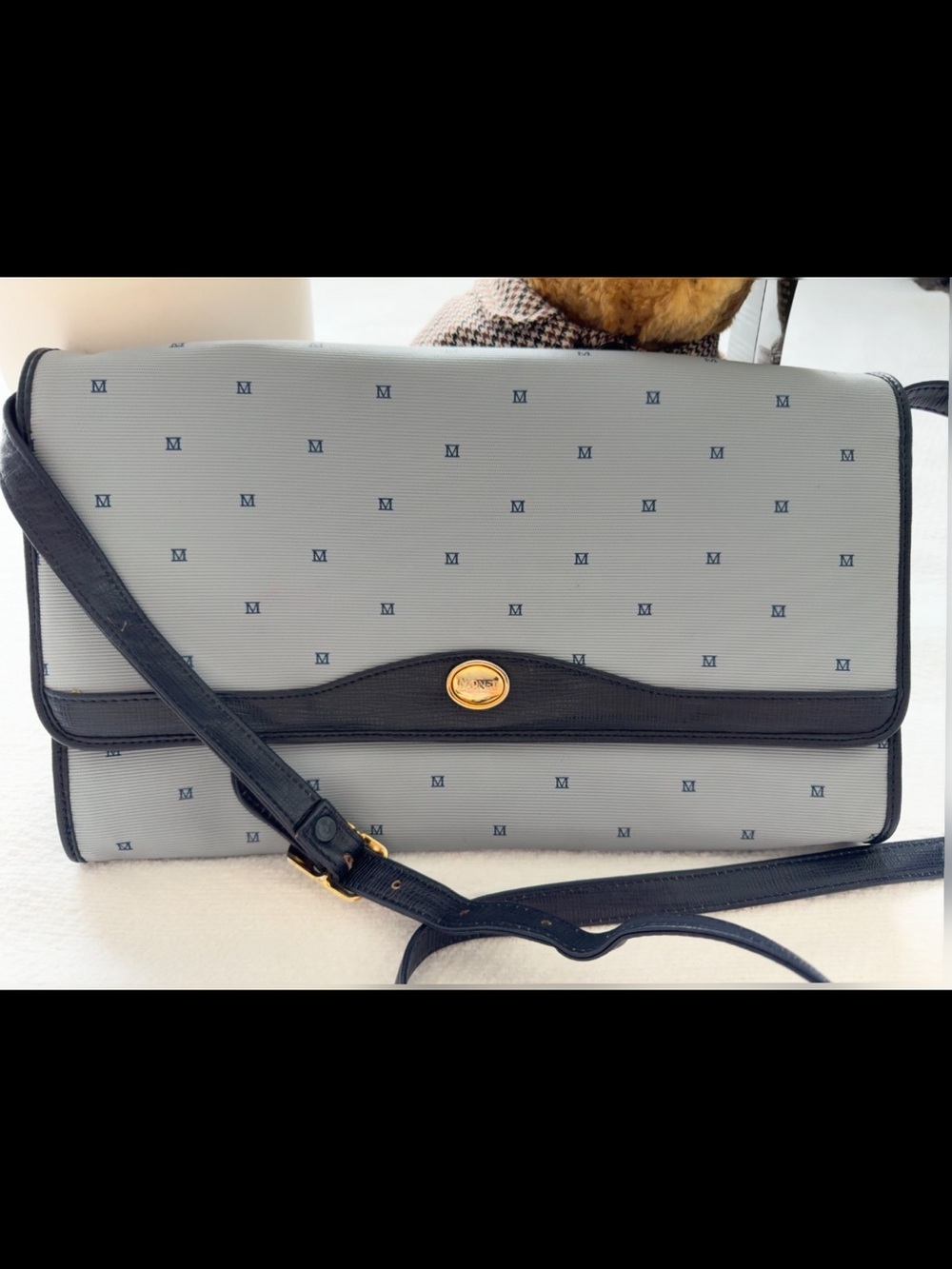 Vintage Monet Blue Monogram Flap Crossbody Bag - Excellent Condition